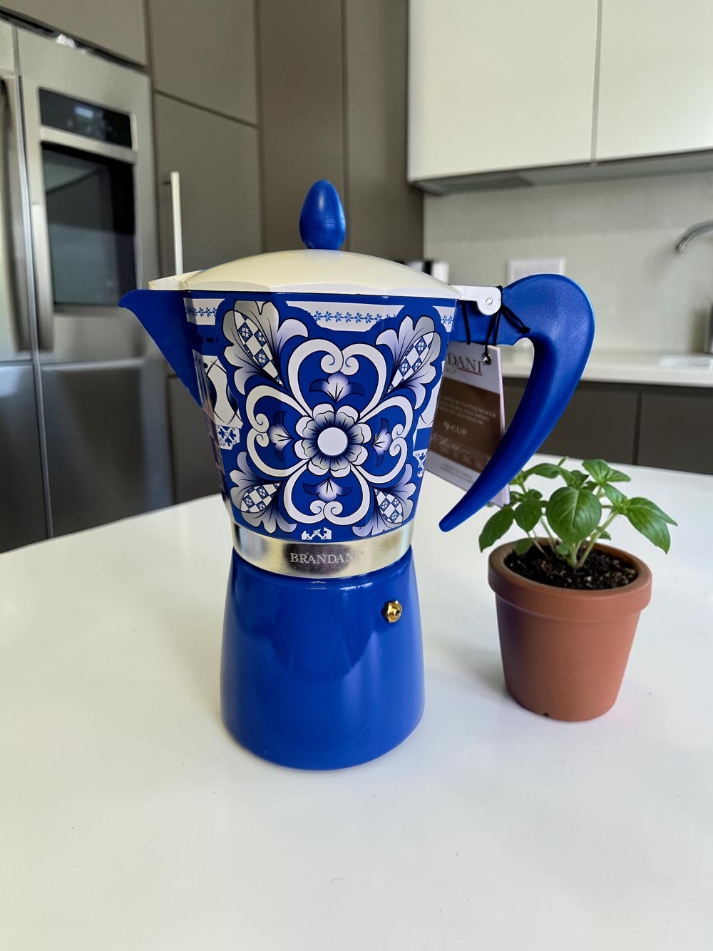 NEW Brandani 9 Cup Italian Coffee Maker Aluminum Moka Pot Sicilian Pattern Blue